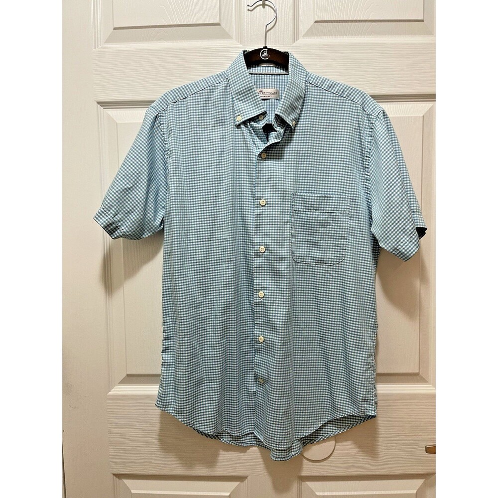 Peter Millar Crown Soft Silk Blend Button Down Shirt Mens M Teal Gingham